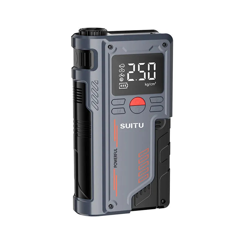 Wireless lithium battery inflatable emergency start power supply in ABS casing with battery clips and hose