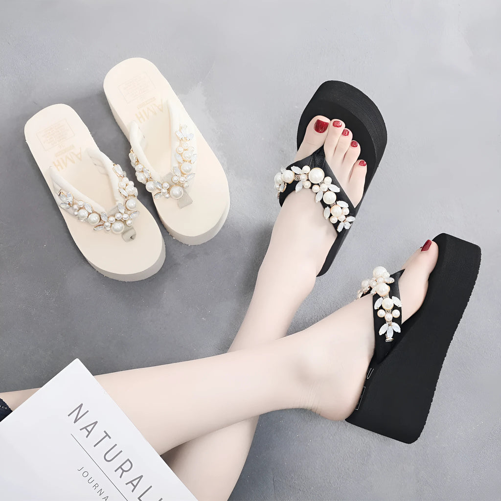 Women's beige high-heeled flip-flops with a casual cotton cloth upper.