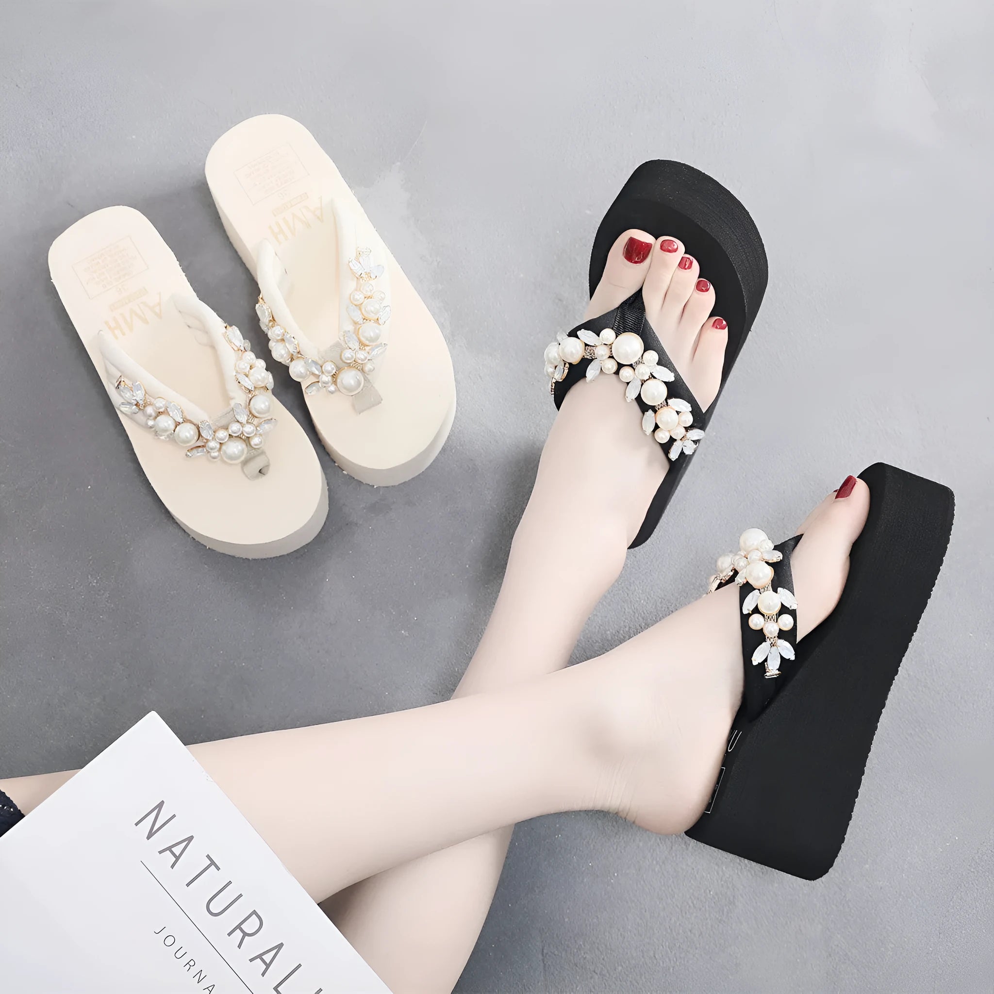 Women's beige high-heeled flip-flops with a casual cotton cloth upper.