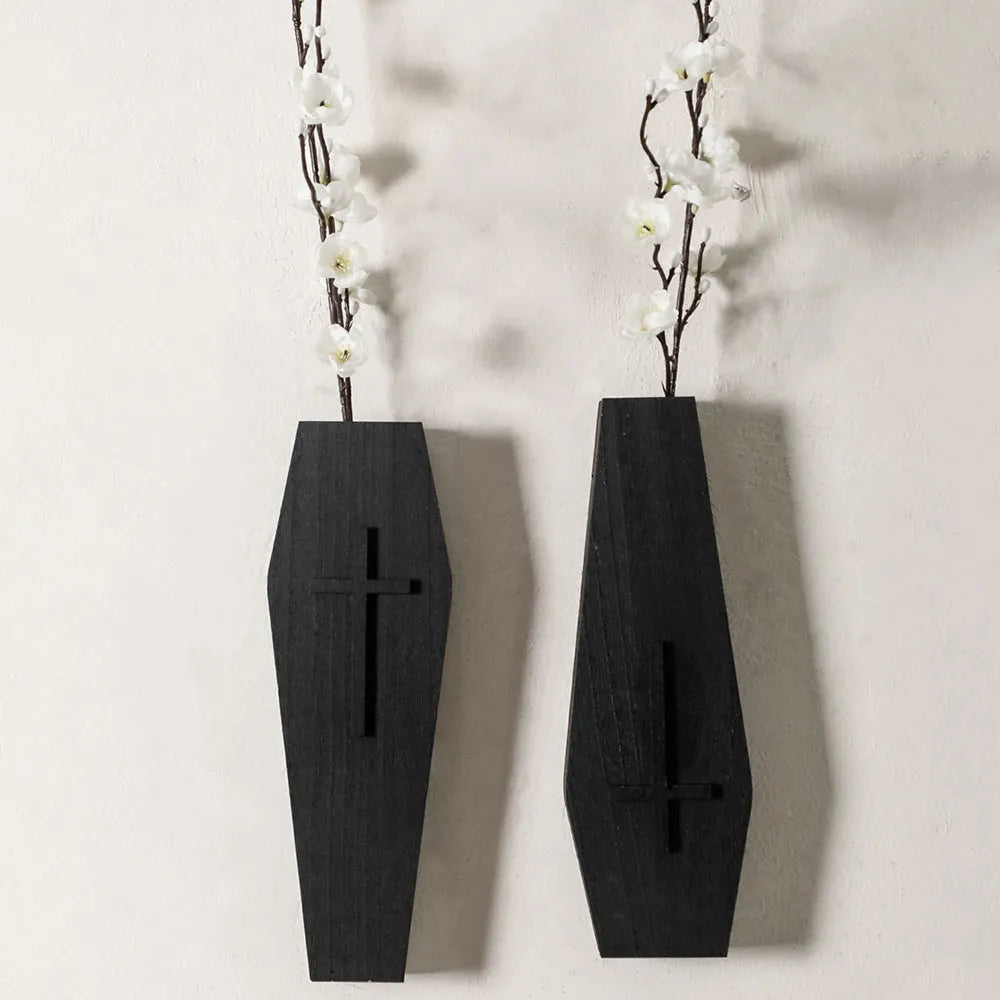 Black wooden cross wall vase shelf with open top for stems, 27cm tall, wall-mounted pendant design