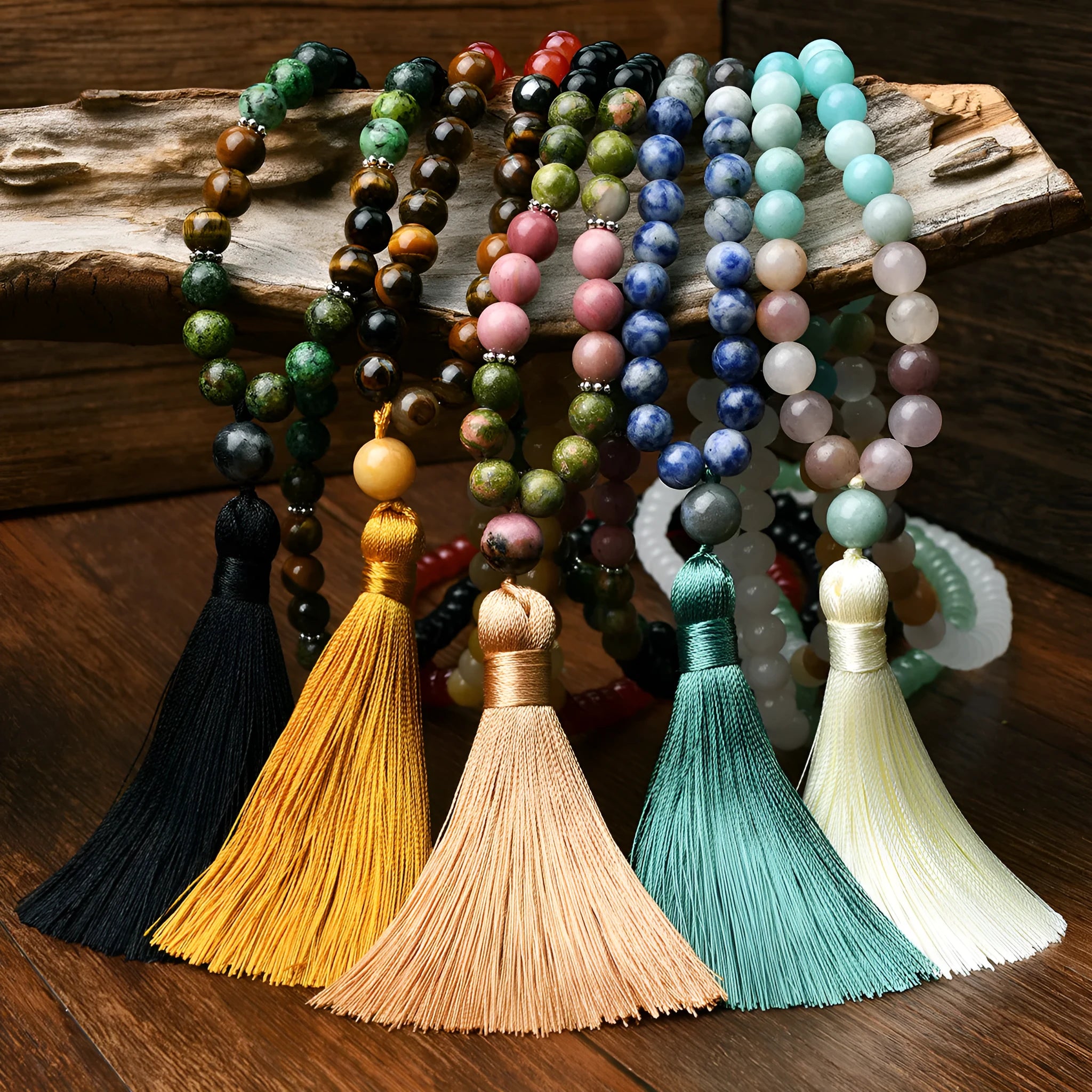 Handmade Bohemian long necklace with natural stone tassel and geometric mixed gem pendant.