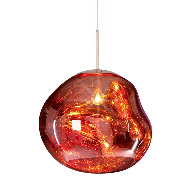 Irregular shaped glass LED chandelier in a metallic finish, showing Nordic post-modern design.