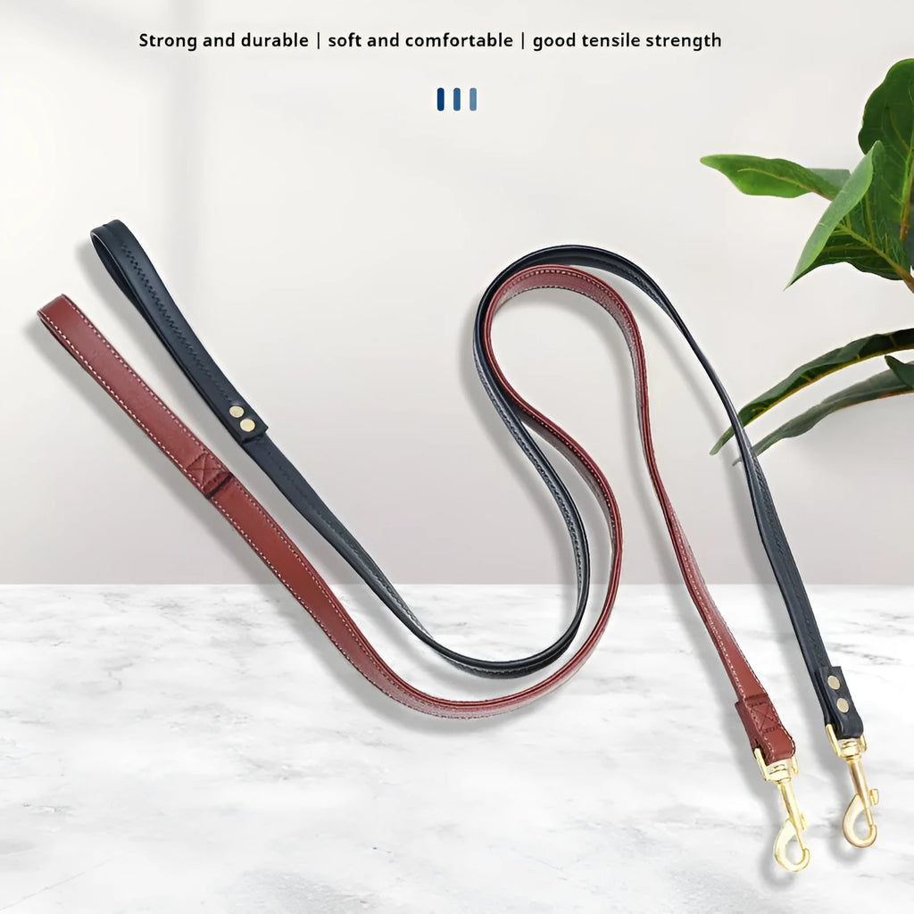 Black and maroon high-grade PU leather dog traction belts showing three different length options.