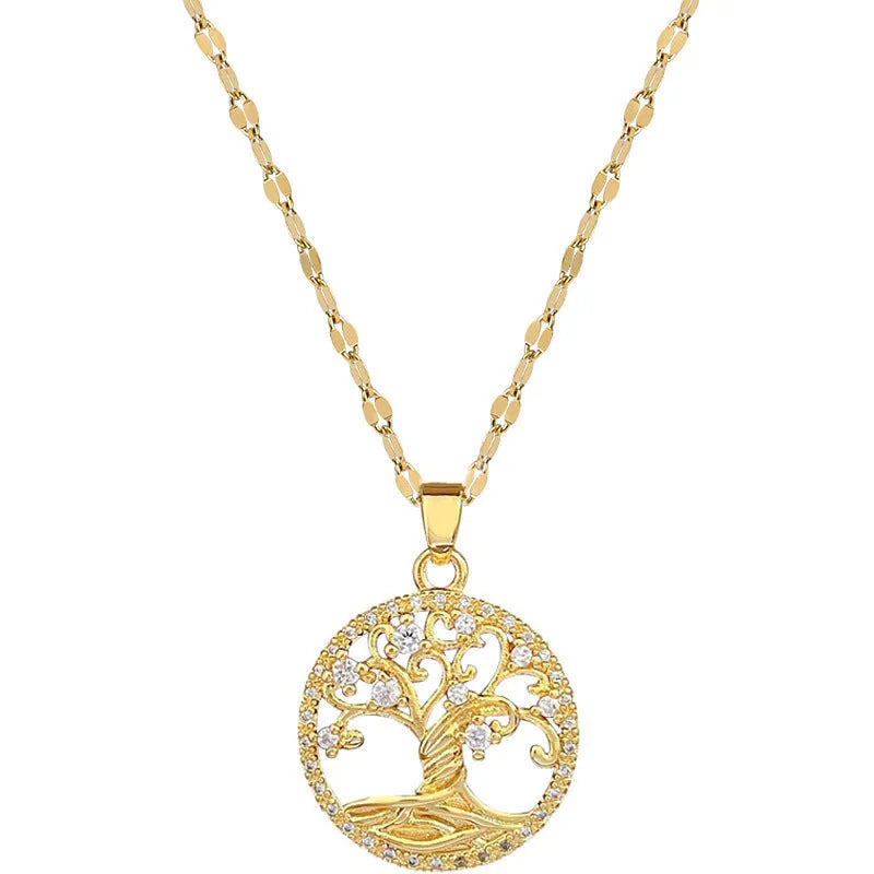 Gold-plated necklace with rhinestone lucky tree pendant featuring mother-of-pearl shell accents on stainless steel chain