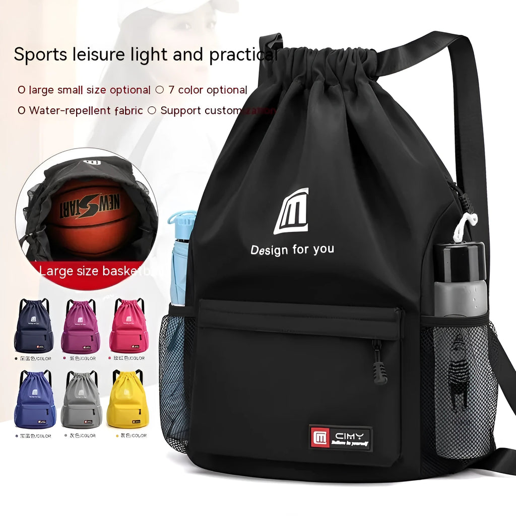 Oxford fabric drawstring backpack in black with phone compartment, shown in folded and unfolded positions
