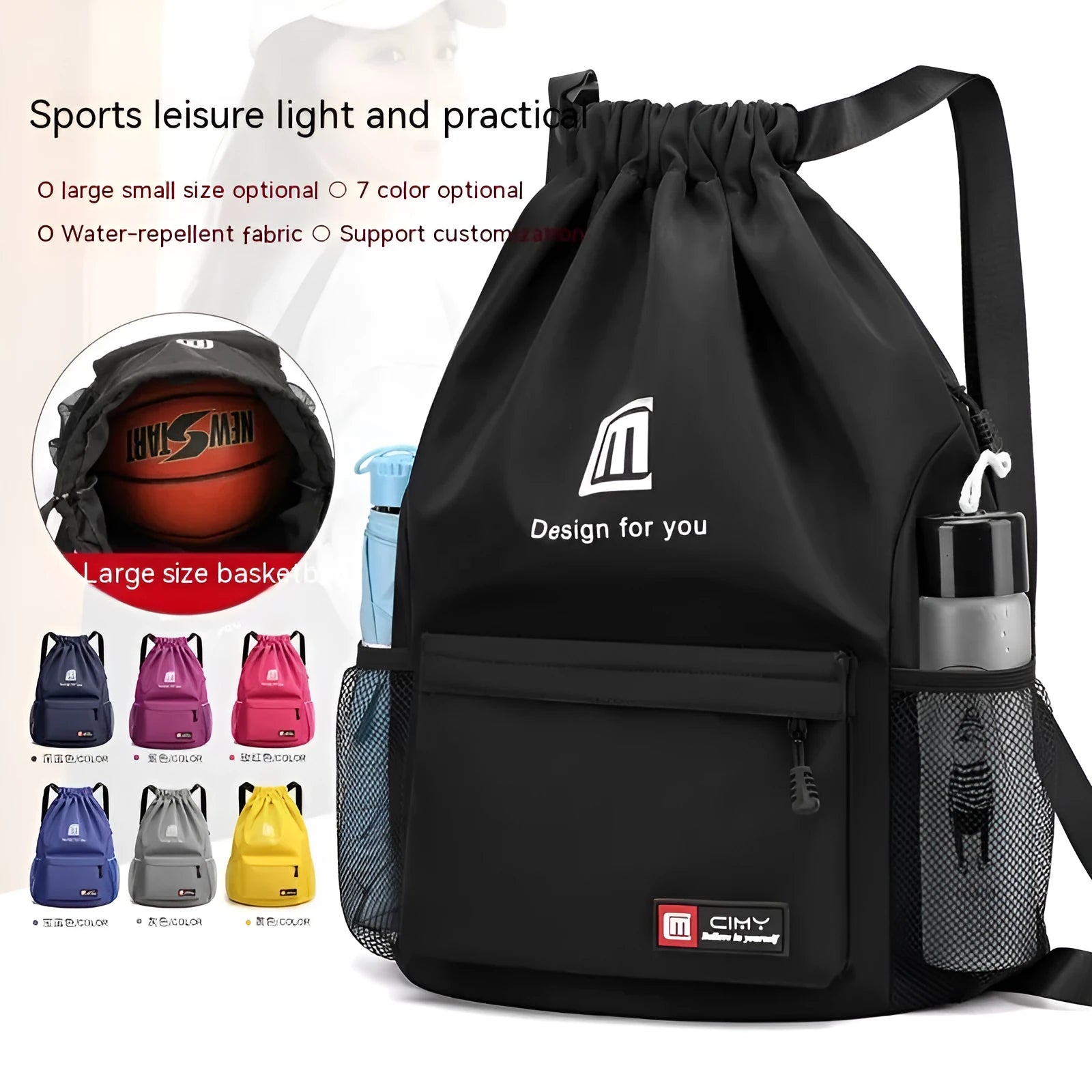 Oxford fabric drawstring backpack in black with phone compartment, shown in folded and unfolded positions