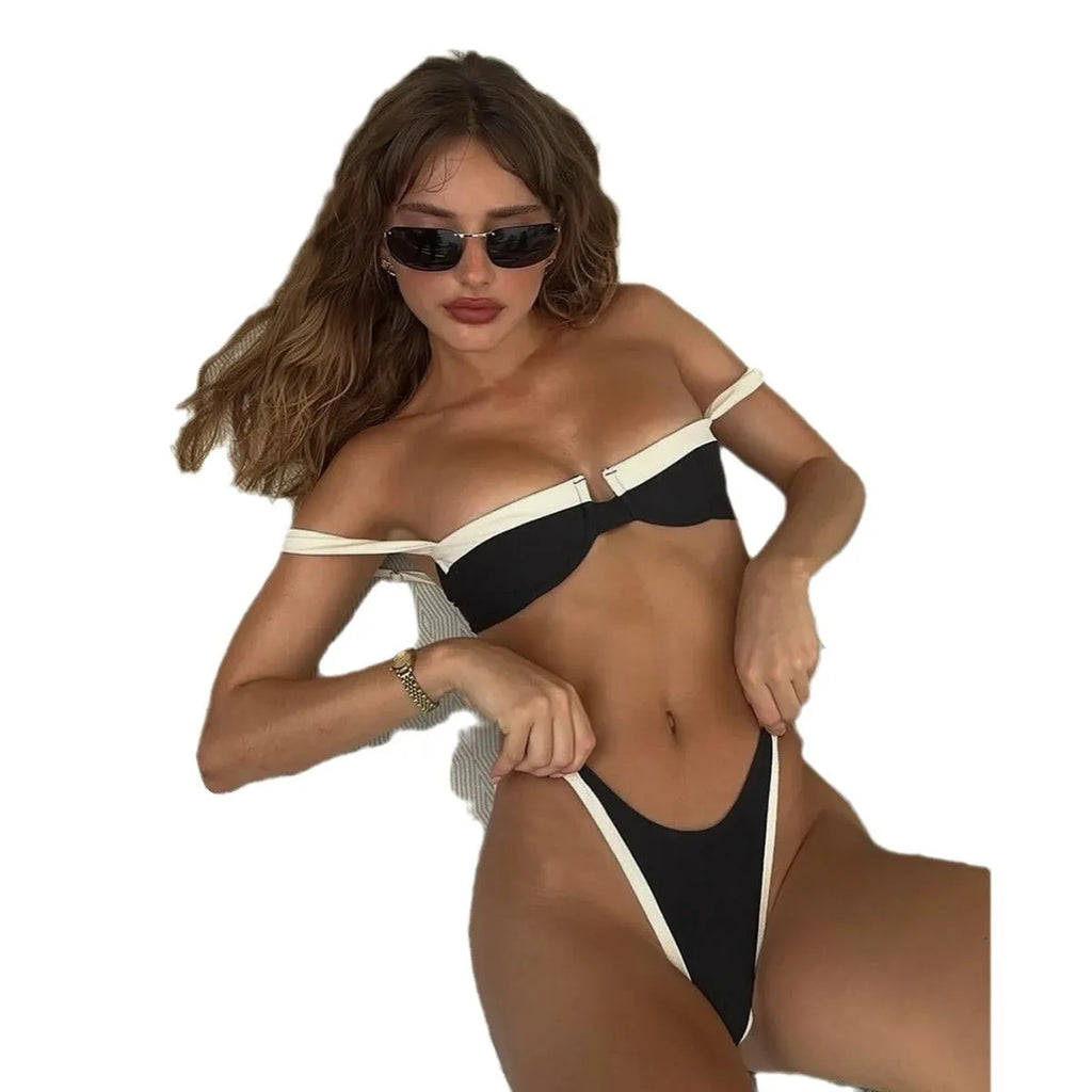 Women's black nylon bikini set with stitching detail and briefs bottoms