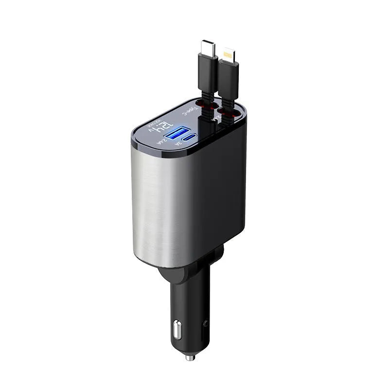 Metal car charger 100W with retractable cable and adjustable head on black background