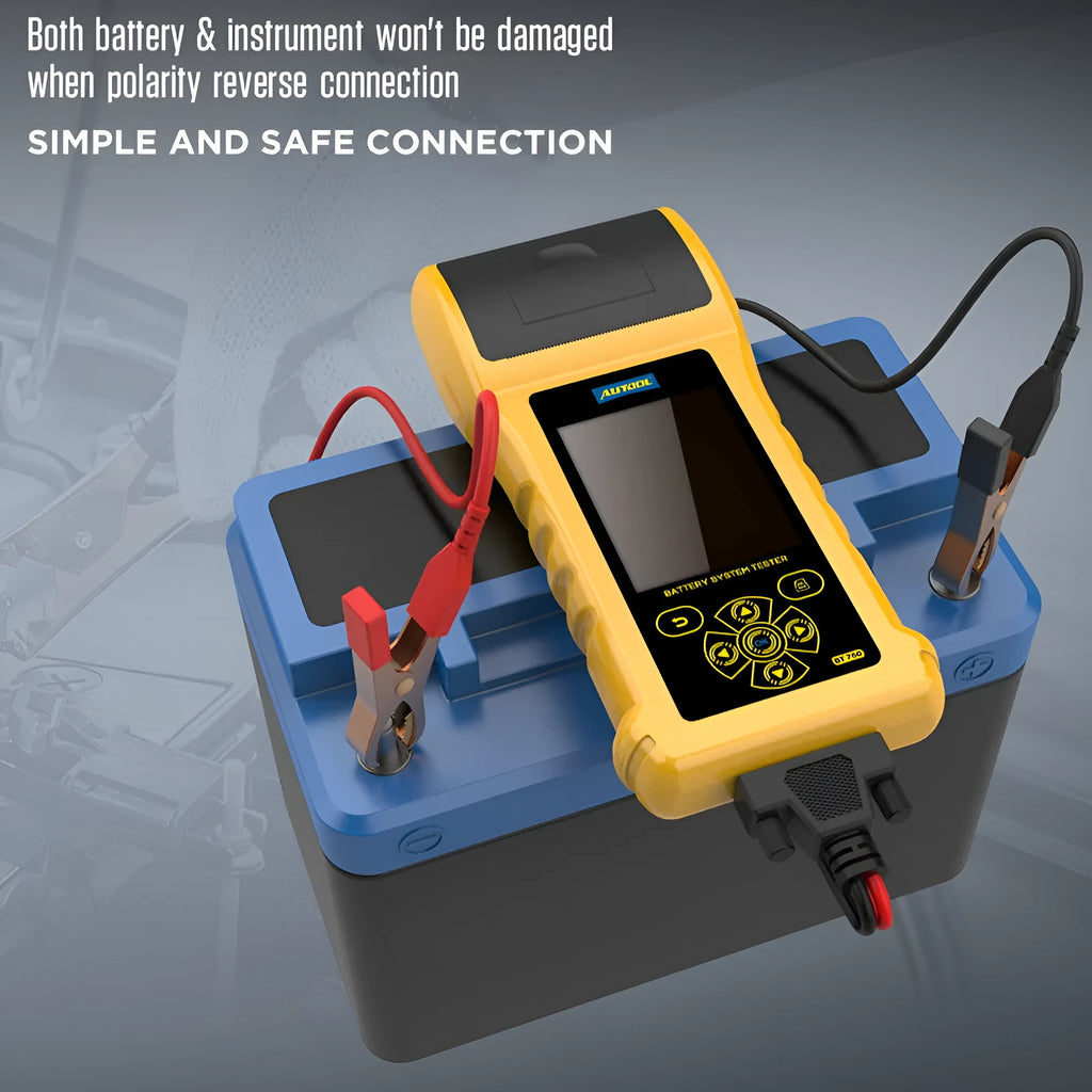 Autool BT760 colour screen automotive battery tester with attached clips and printed diagnostic receipt.