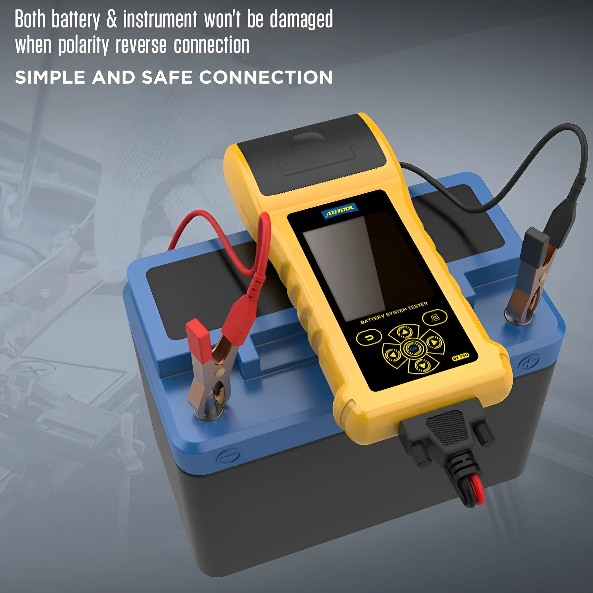 Autool BT760 colour screen automotive battery tester with attached clips and printed diagnostic receipt.