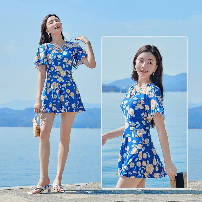 Women's high waist slimming printed one-piece swimsuit with floral pattern in white flowers and blue pattern, sizes M-XXL