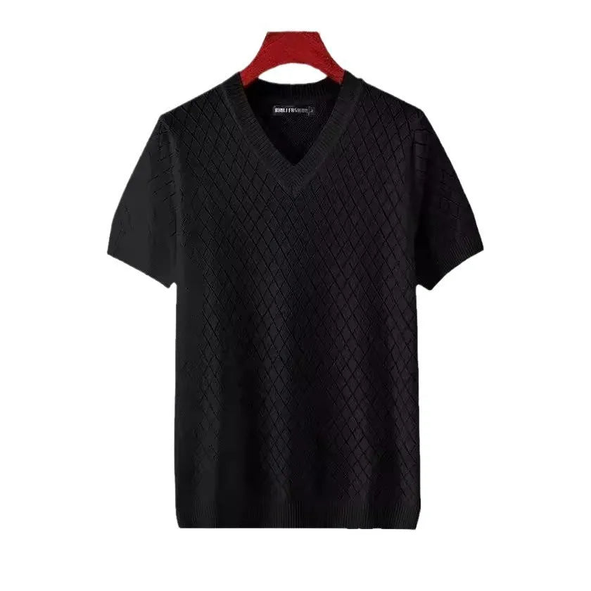Men's ice silk V-neck t-shirt with cut-out detail in black and white colour options