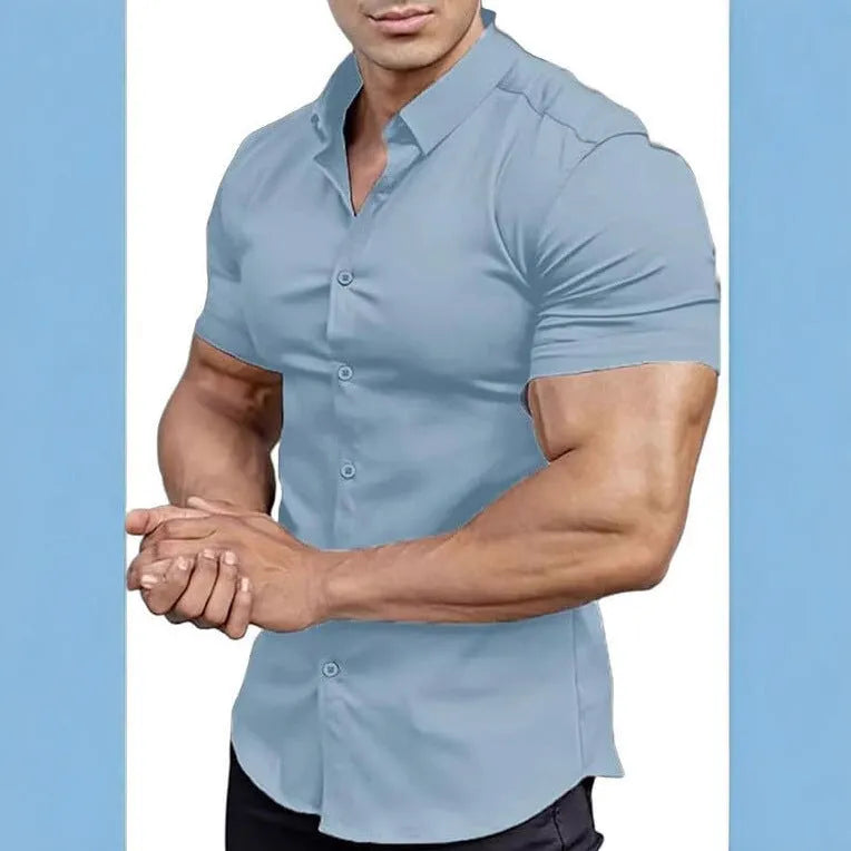 Men's short sleeve printed casual shirt in polyester fabric with collar
