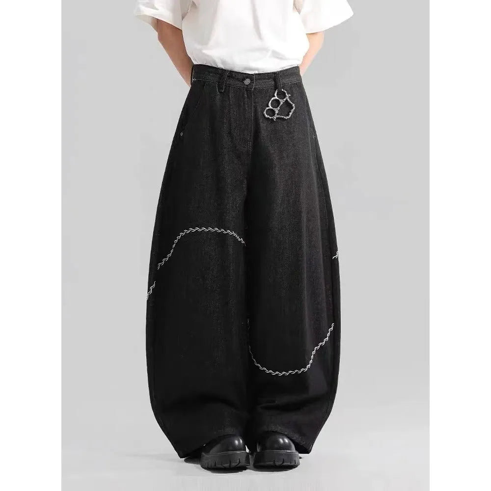 Black straight-leg denim trousers with mid waist and micro-elastic fabric