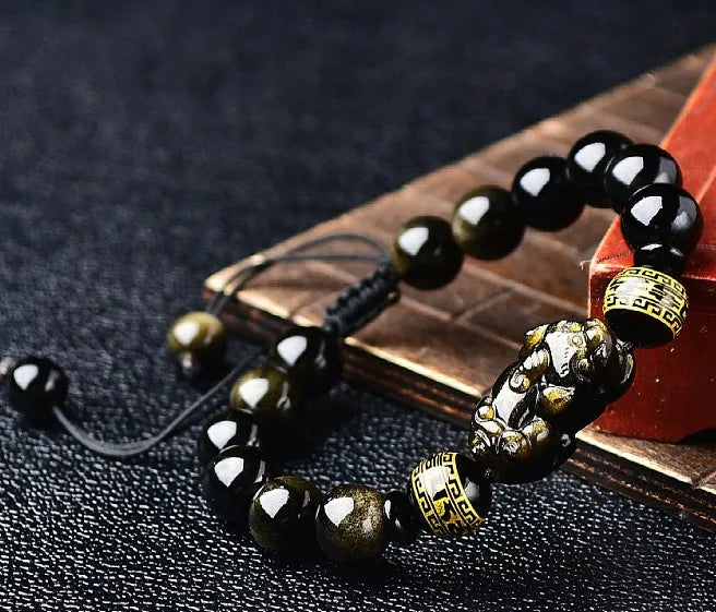 Natural golden obsidian Pi Xiu bracelet hand-woven Chinese style unisex bead sizes 8mm 10mm 12mm 14mm