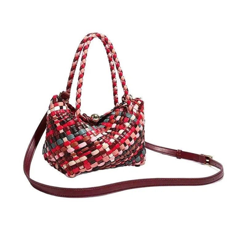 Women's handmade woven PU shoulder bag in casual style, 18x11x14cm, available in multiple colours
