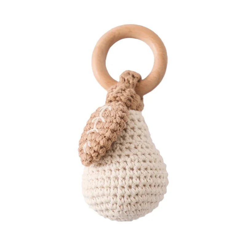 Wooden fruit rattle toy in banana colour for newborn grasping and sensory play