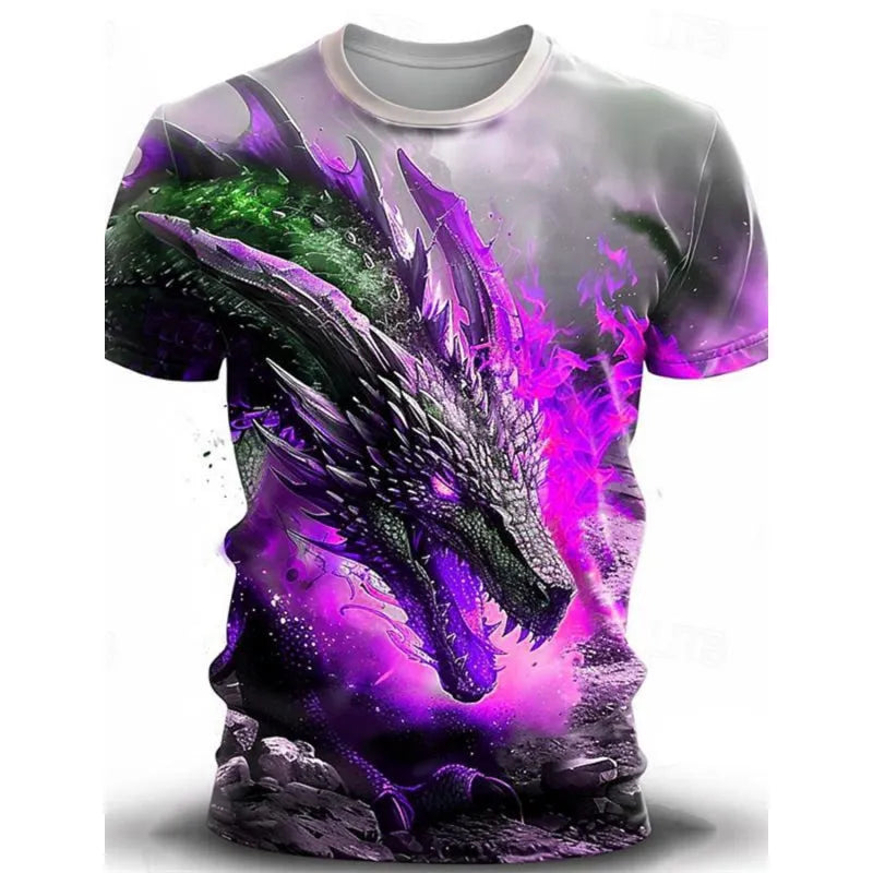 Man wearing a short-sleeve grey T-shirt with a large blue and white 3D wind dragon print on the chest.