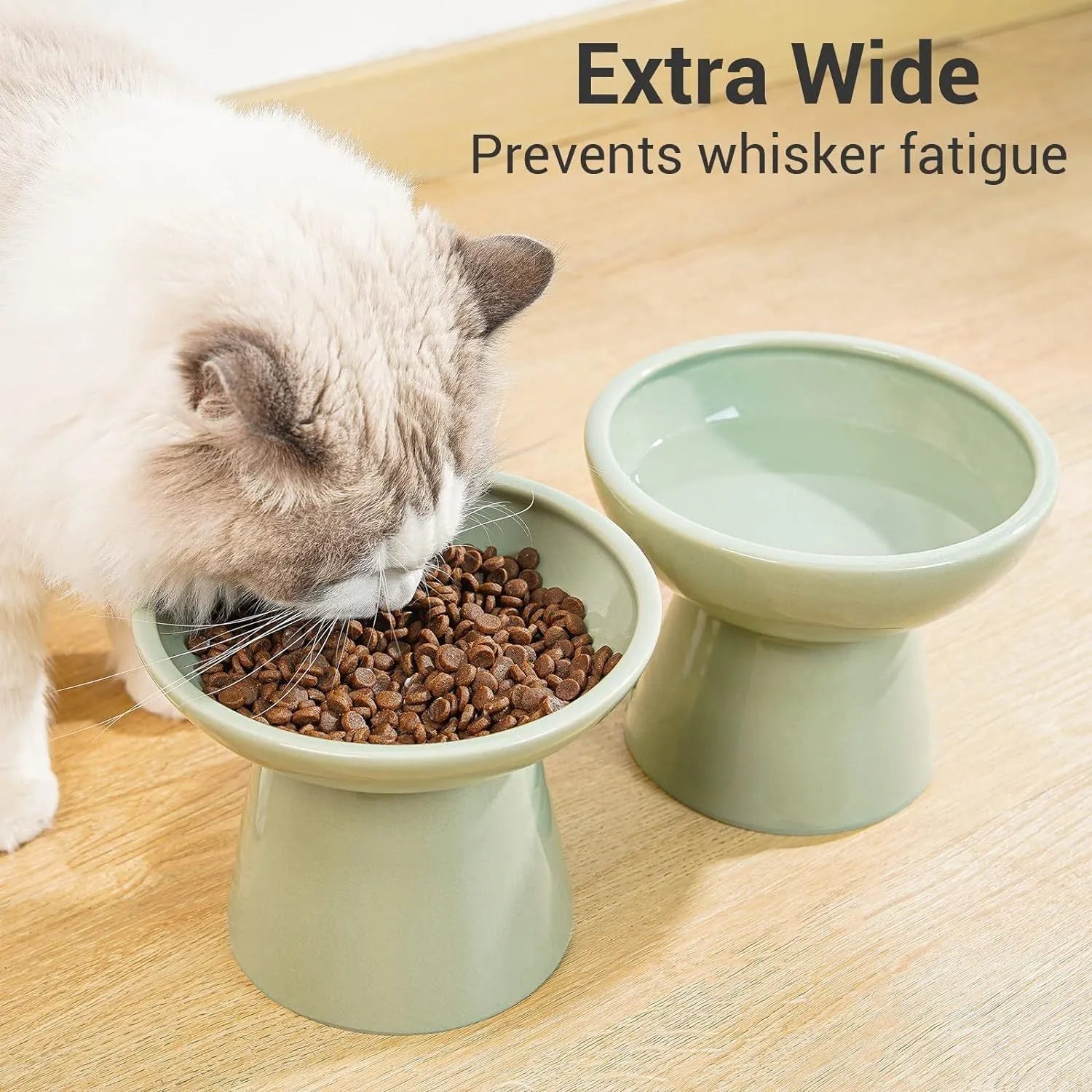 Ceramic elevated cat food bowl with wide shallow design in blue colour