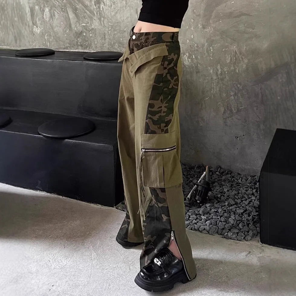 Women's dark khaki leopard print high waist jeans with tooling-style stitching detail