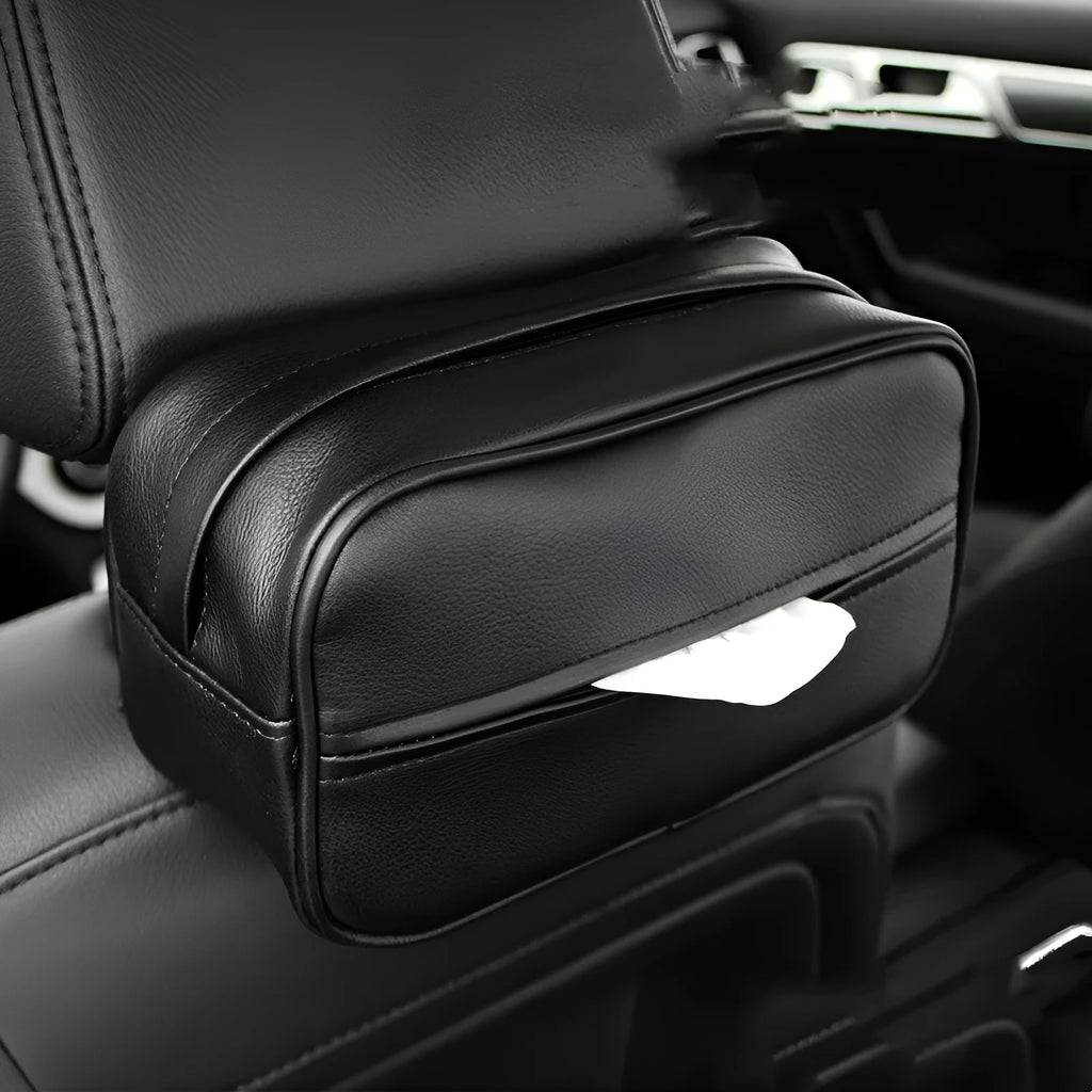 Black PU leather car hanging storage box with paper bag lining, dimensions 23x13x9cm