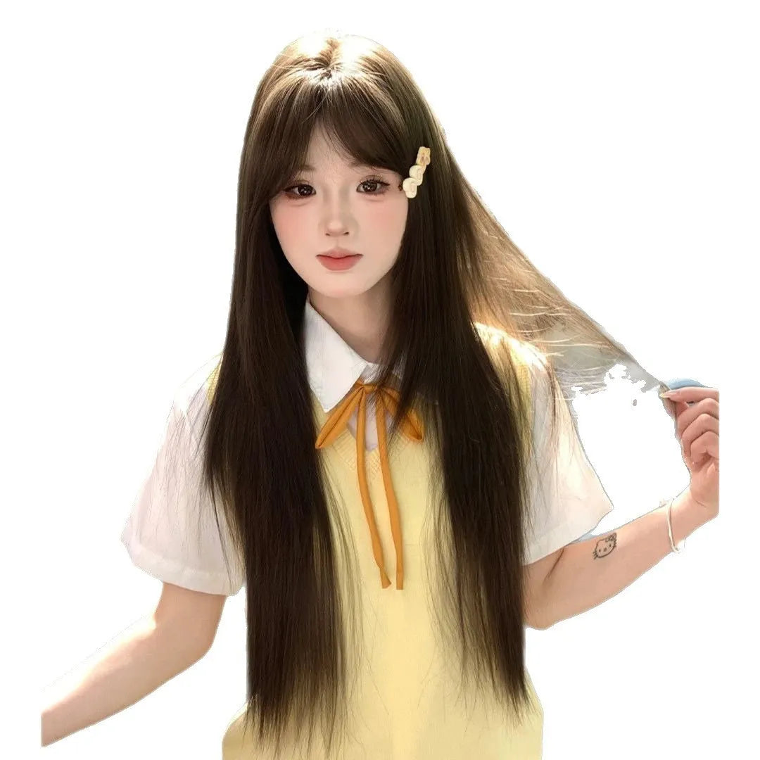 High temperature fibre long straight hair full-head wig with side bangs in cold brown colour