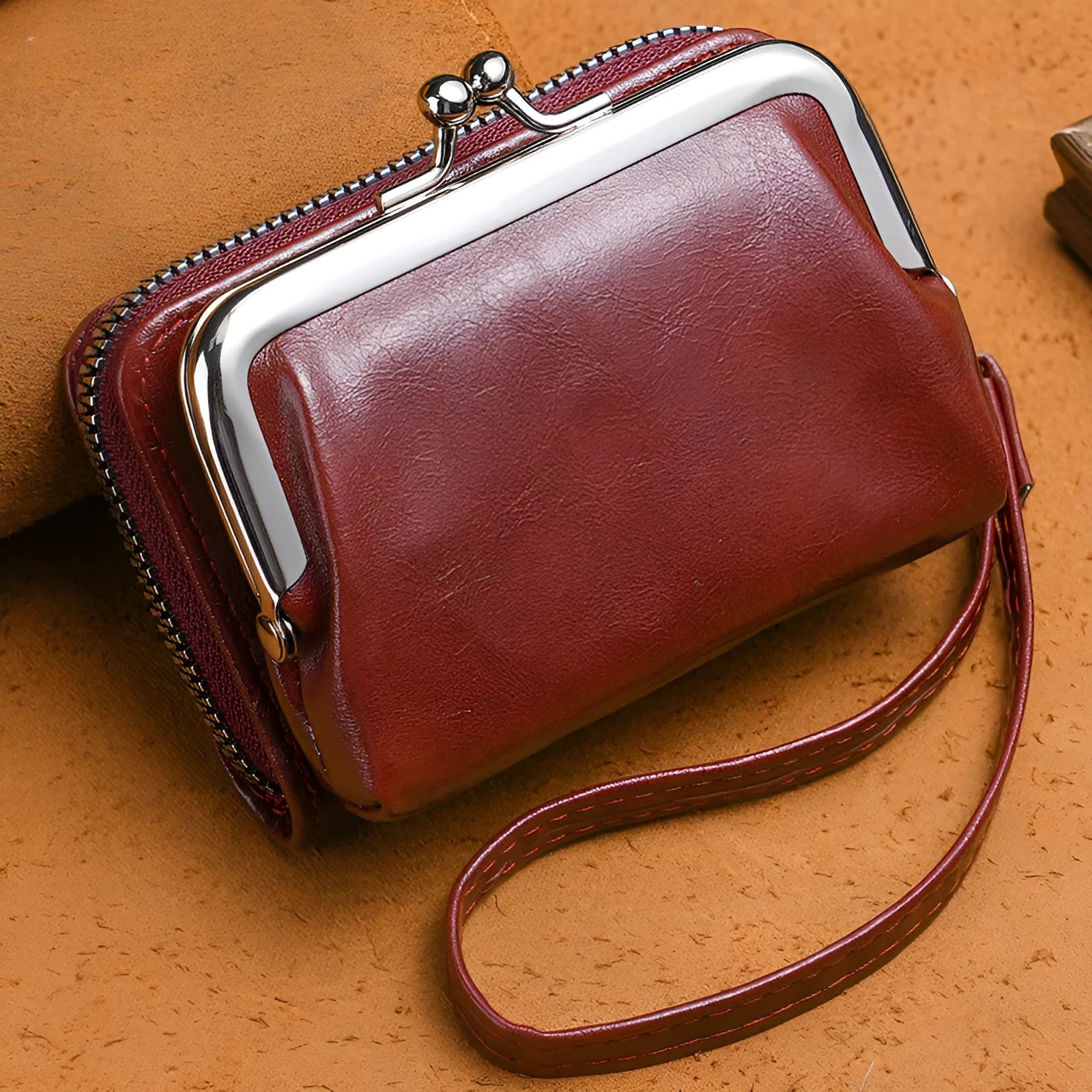 Ladies' leather buckle coin purse in 4-inch size with clip closure, shown in black colour option