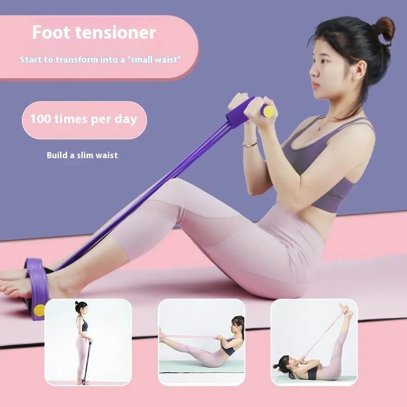 Yoga four piece set showing leg stretcher, yoga ring, foot pedal device and figure eight tension rope