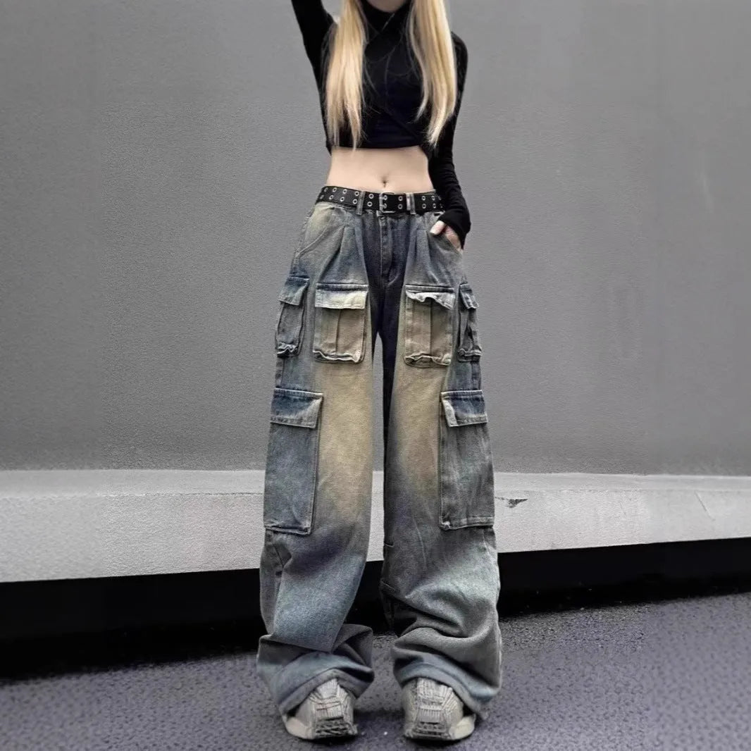 Loose fit multi-pocket distressed denim jeans in light blue wash straight-leg street style