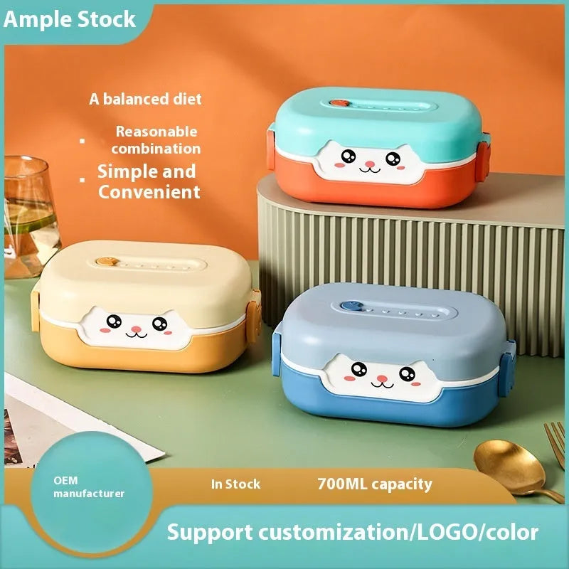 Square divided plastic lunch box in dark blue, orange yellow, or pink and green, shown with compartments.