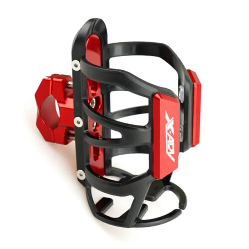 Modified black water bottle cage mounted on a Honda X-ADV scooter bumper.