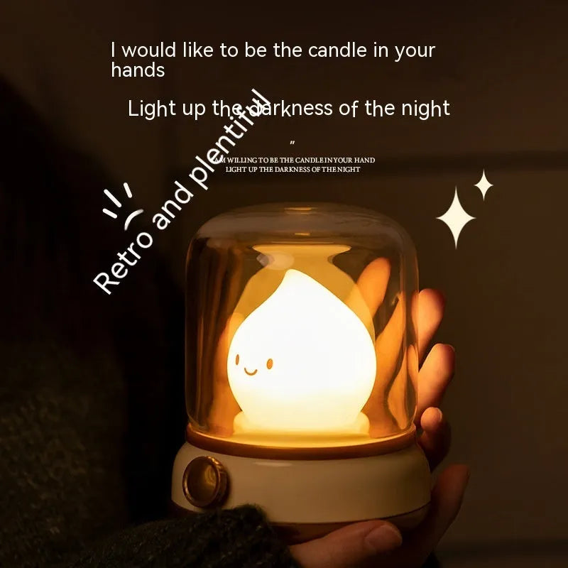 Retro USB rechargeable LED night lamp in green, compact 100x108x124mm, with dimmable knob and candlelight mode