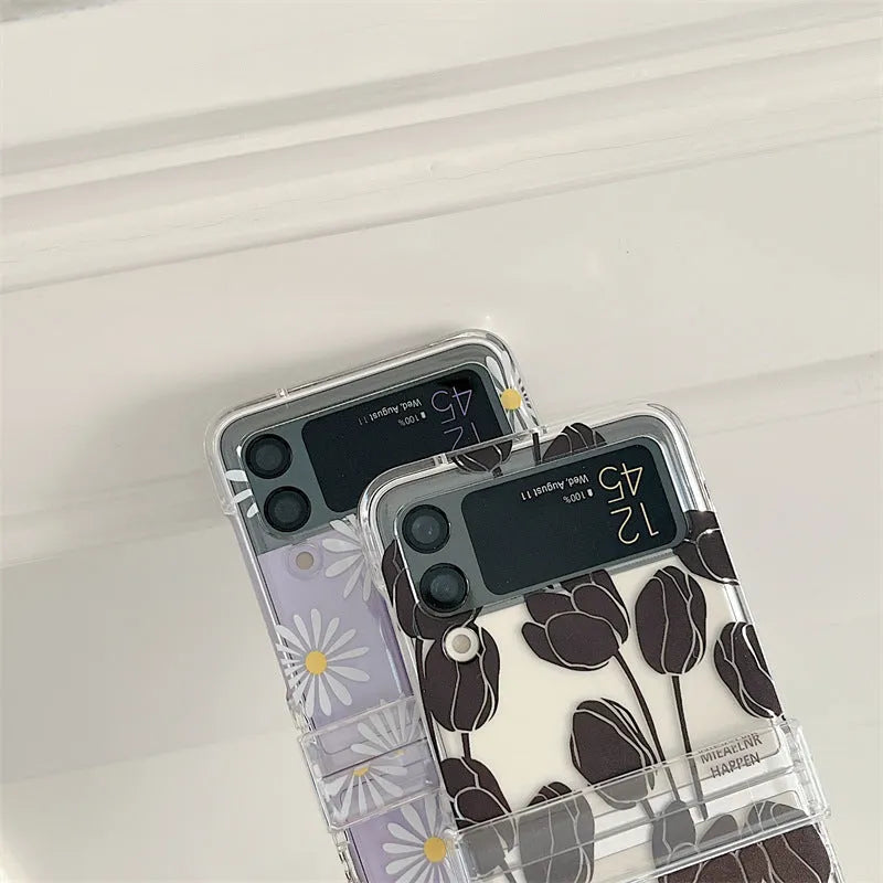 Samsung Galaxy Z Flip phone case with floral screen protector in Daisy colour
