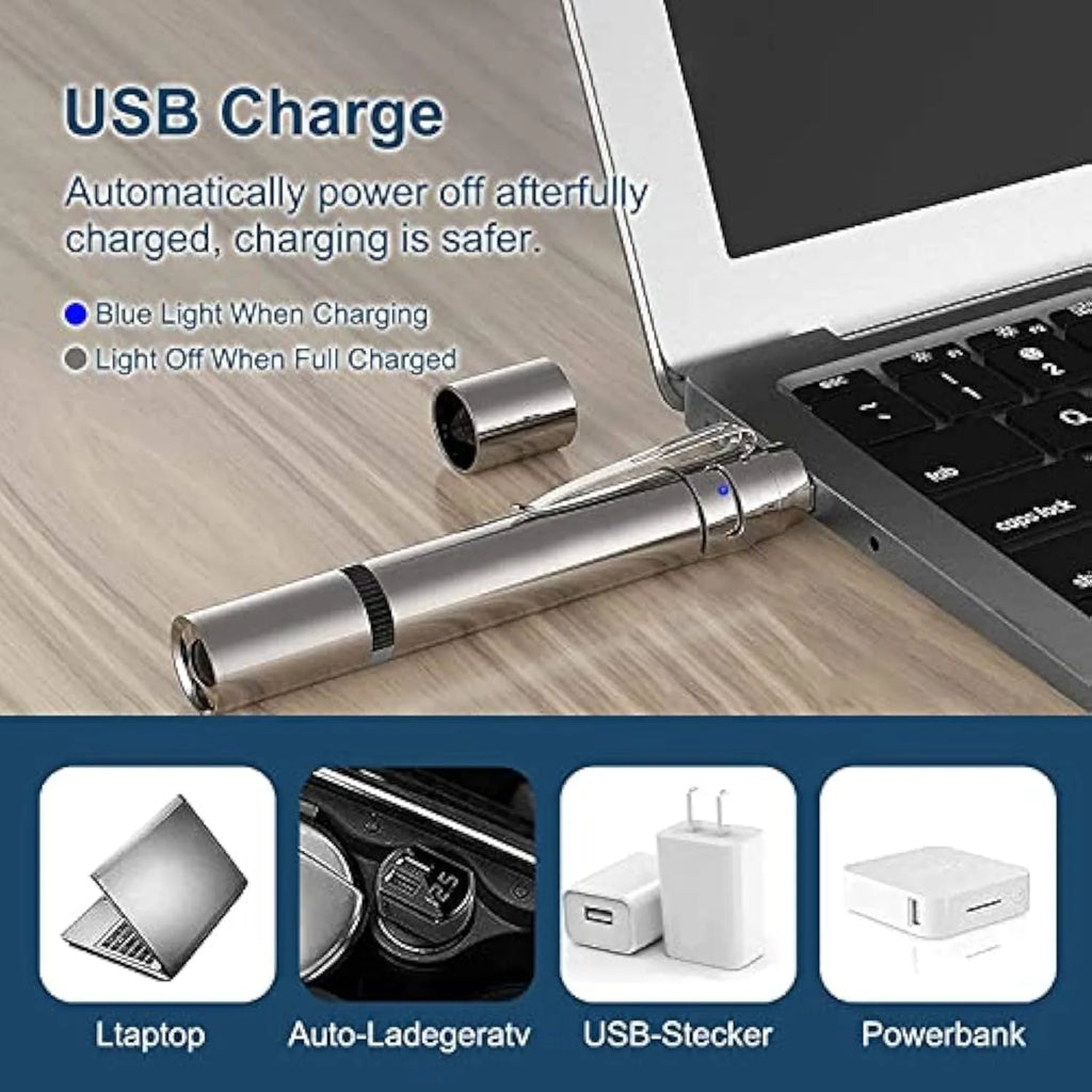 Silver aluminium cat laser toy pointer with USB charging port and pattern adjustment dial