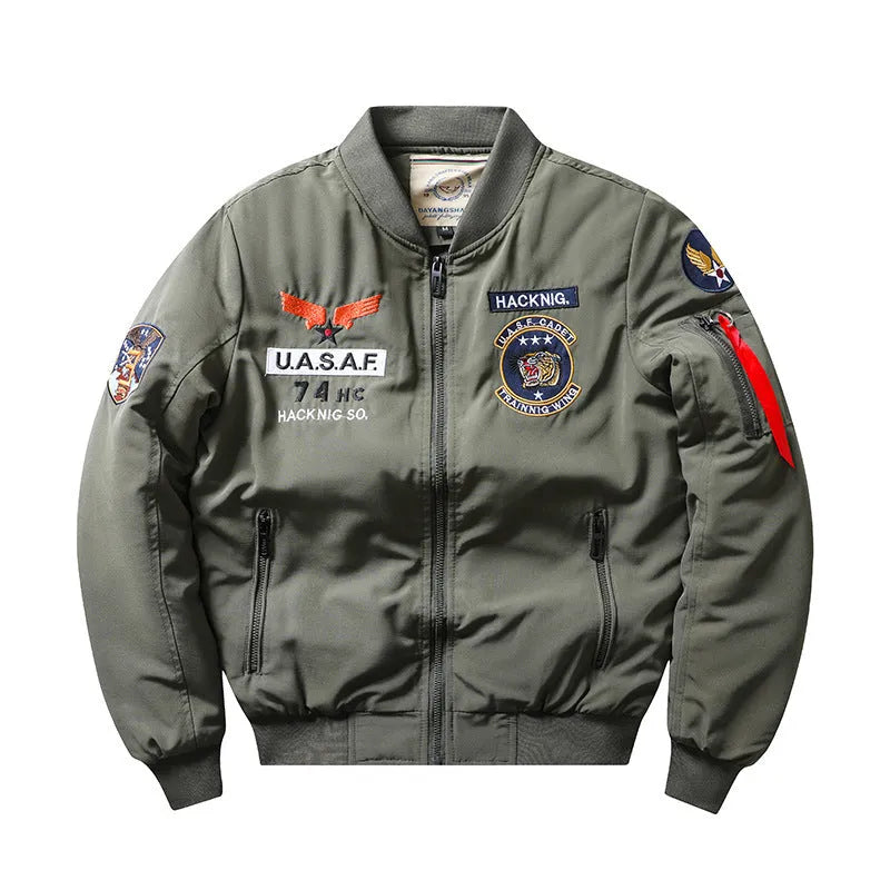 Men's slim-fit retro motorcycle coat with Harley embroidery on chest, stand collar, and patch pockets.