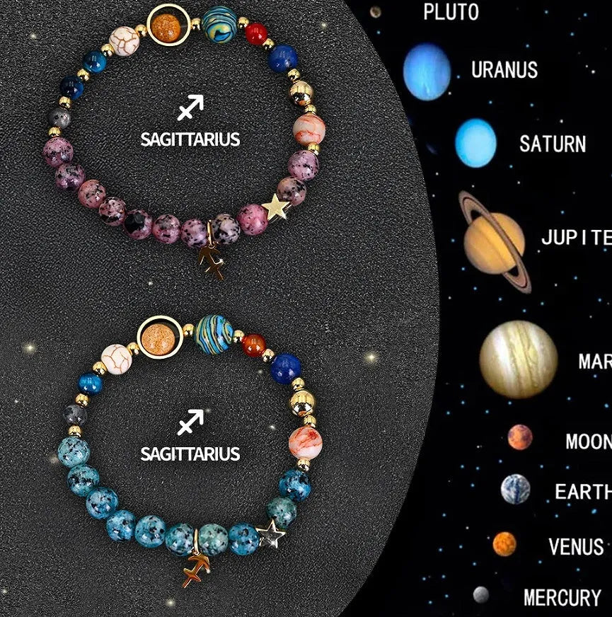 Set of twelve natural stone beaded bracelets laid out, each tagged with a different zodiac sign symbol.