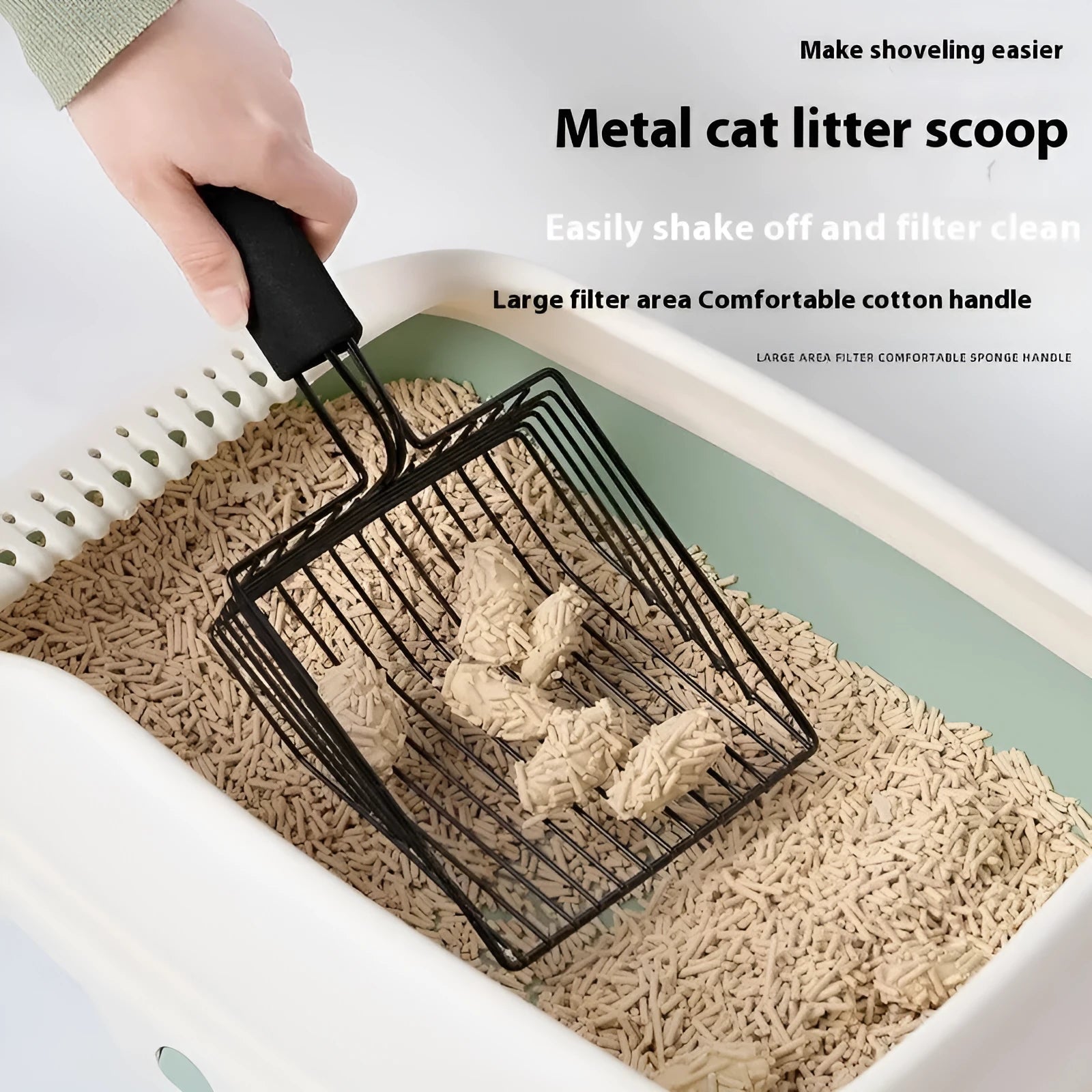 Black alloy metal cat litter scoop with 0.8cm gap spacing for pet waste cleaning