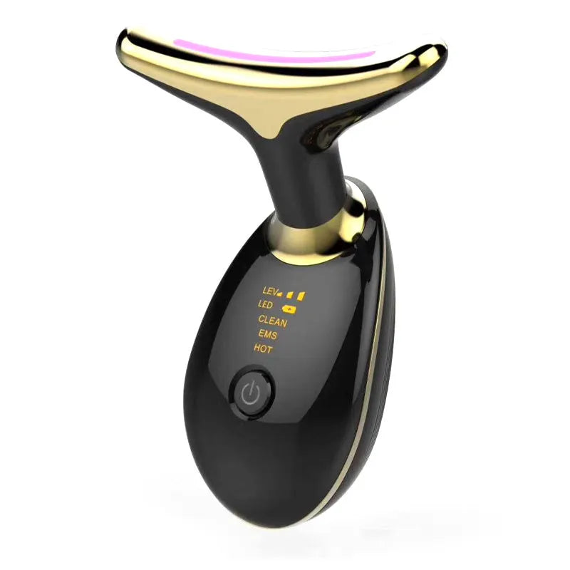 White EMS thermal neck massager device with LED lights and a USB charging cable.