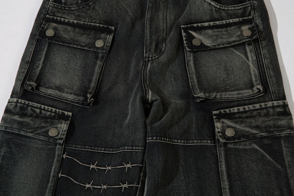 Men's black cotton loose-fitting wide-leg trousers with embroidery, front view, size M-XXL
