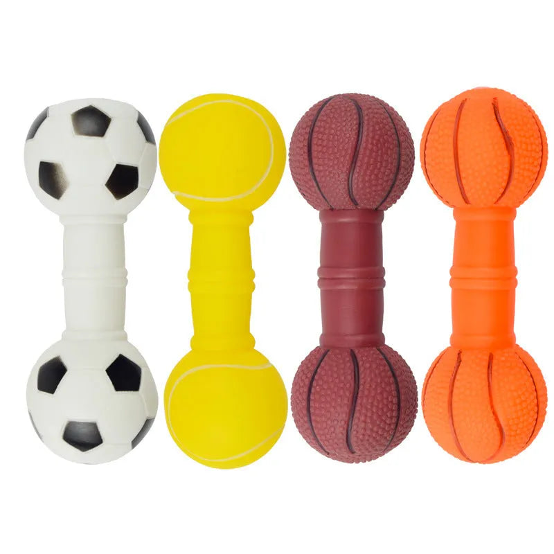 Football dumbbell shaped PVC dog chew toy with squeaker in brown, orange, white or yellow colours