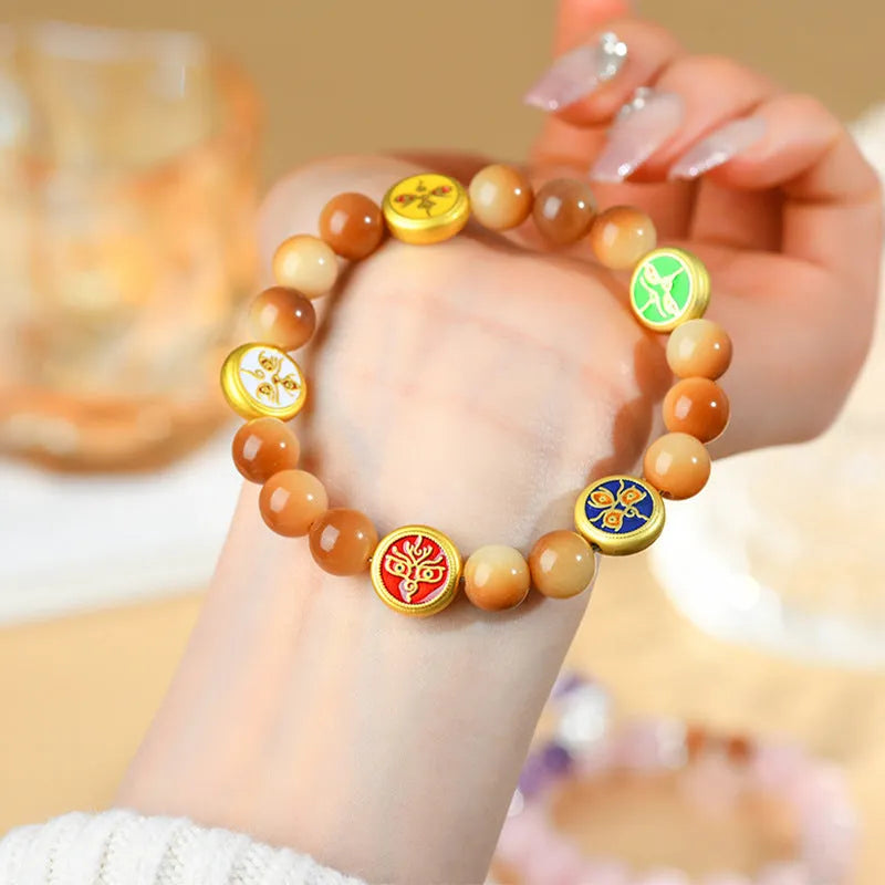 Yellow handmade bodhi seed bracelet with round beads, adjustable 14 to 17 inches, national style for women