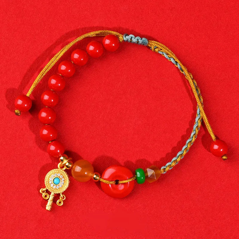 Hand-woven cinnabar peace blessing buckle bracelet Emperor red sand geometric national style women's accessory