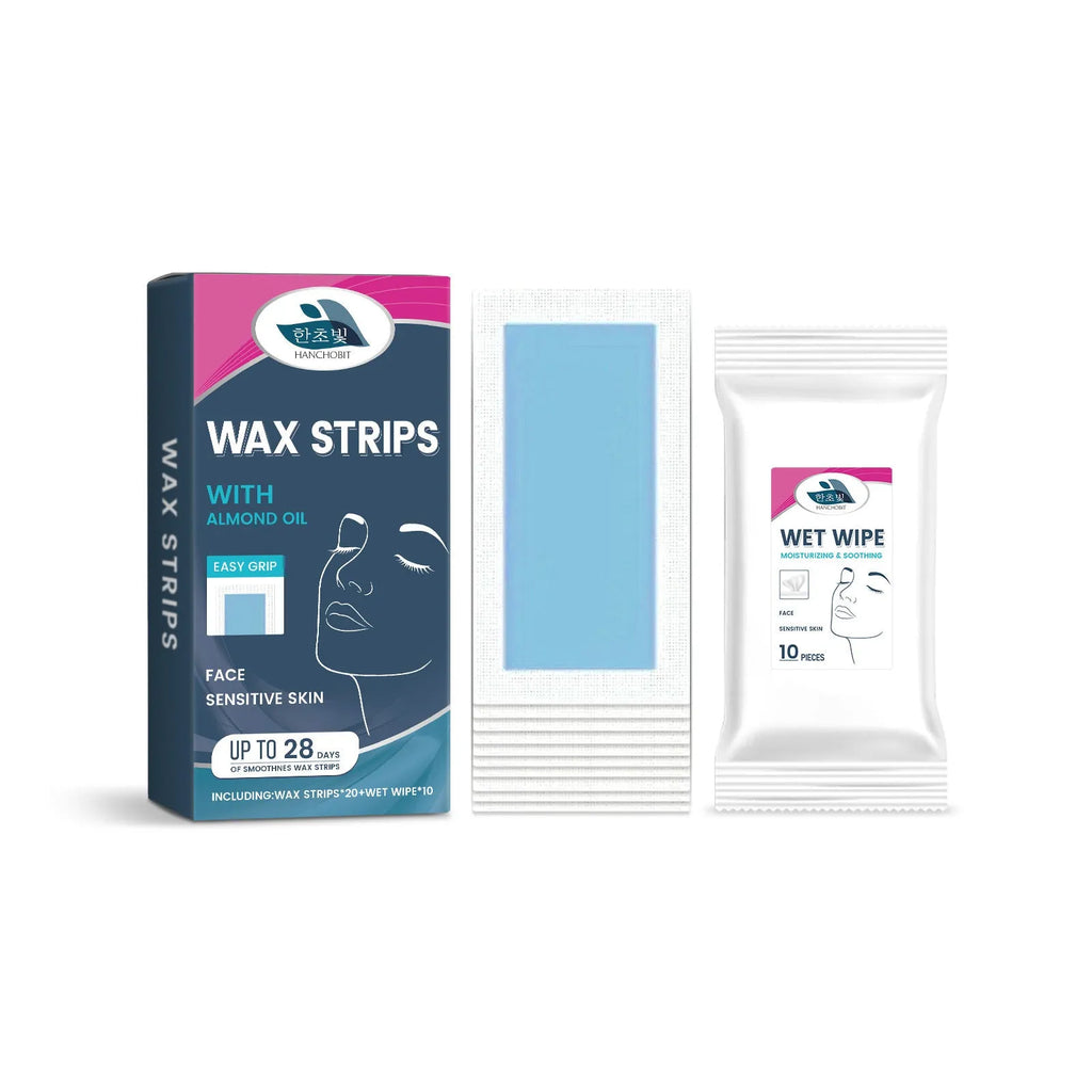 HANCHOBIT facial hair removal wax paper set with 20 wax strips and 10 wet wipes for upper lip, chin, cheeks, and eyebrows