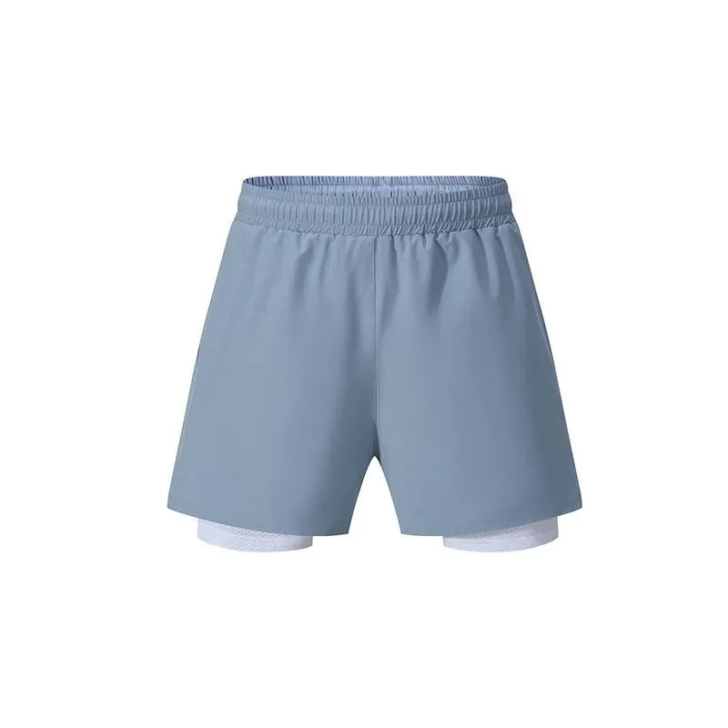 Summer men's double-layer running shorts in black with high elastic fabric and inner liner