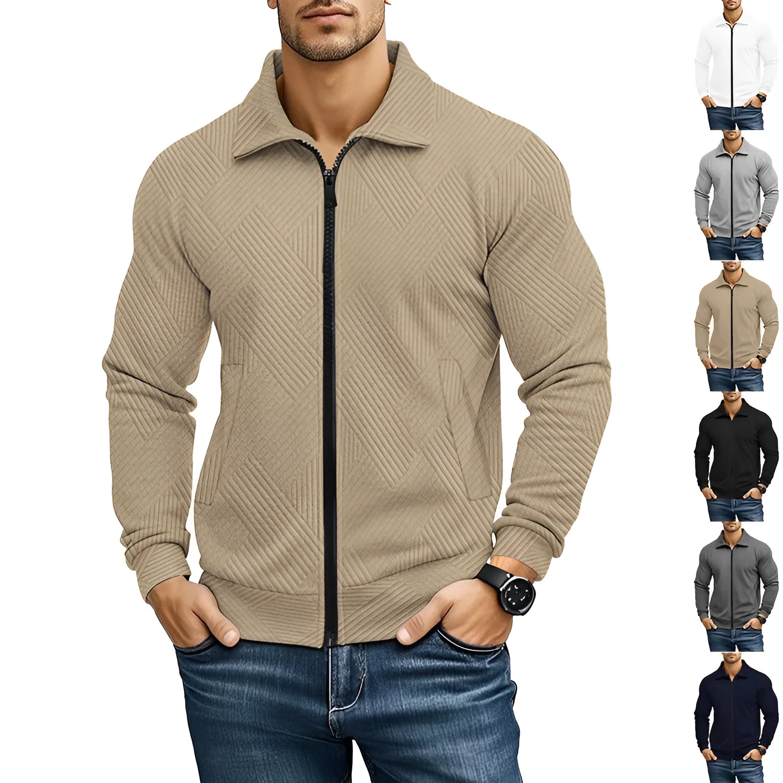 Men's casual jacket solid colour waffle turn-down collar coat front view