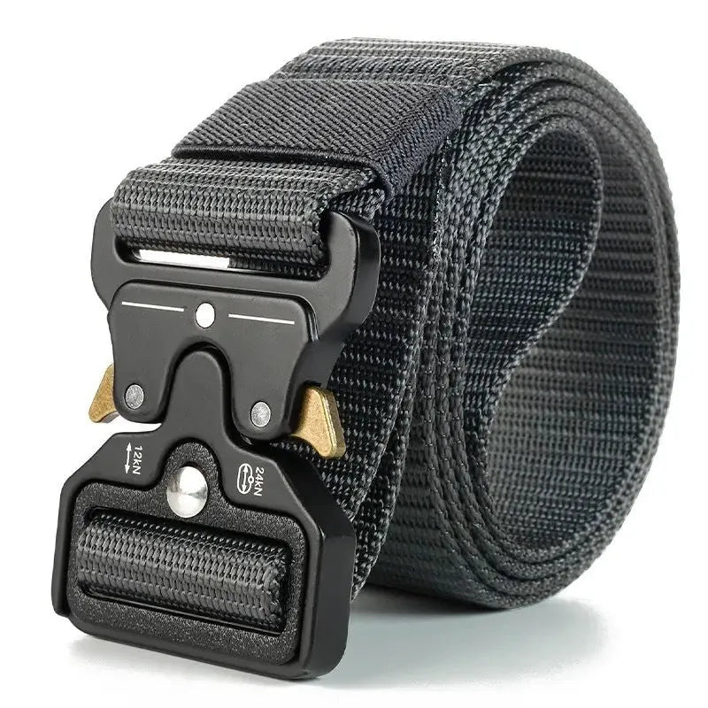 Men's thick canvas tactical belt with alloy buckle in multiple colour options showing release mechanism