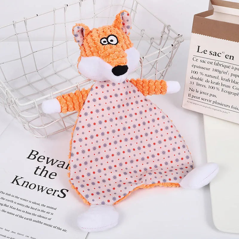 Brown velvet stuffed fox elephant pet toy with squeaky paper sound maker for cats and dogs.