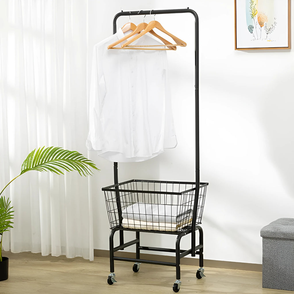 White iron single rod pulley storage car with clothes hanger on a rail.