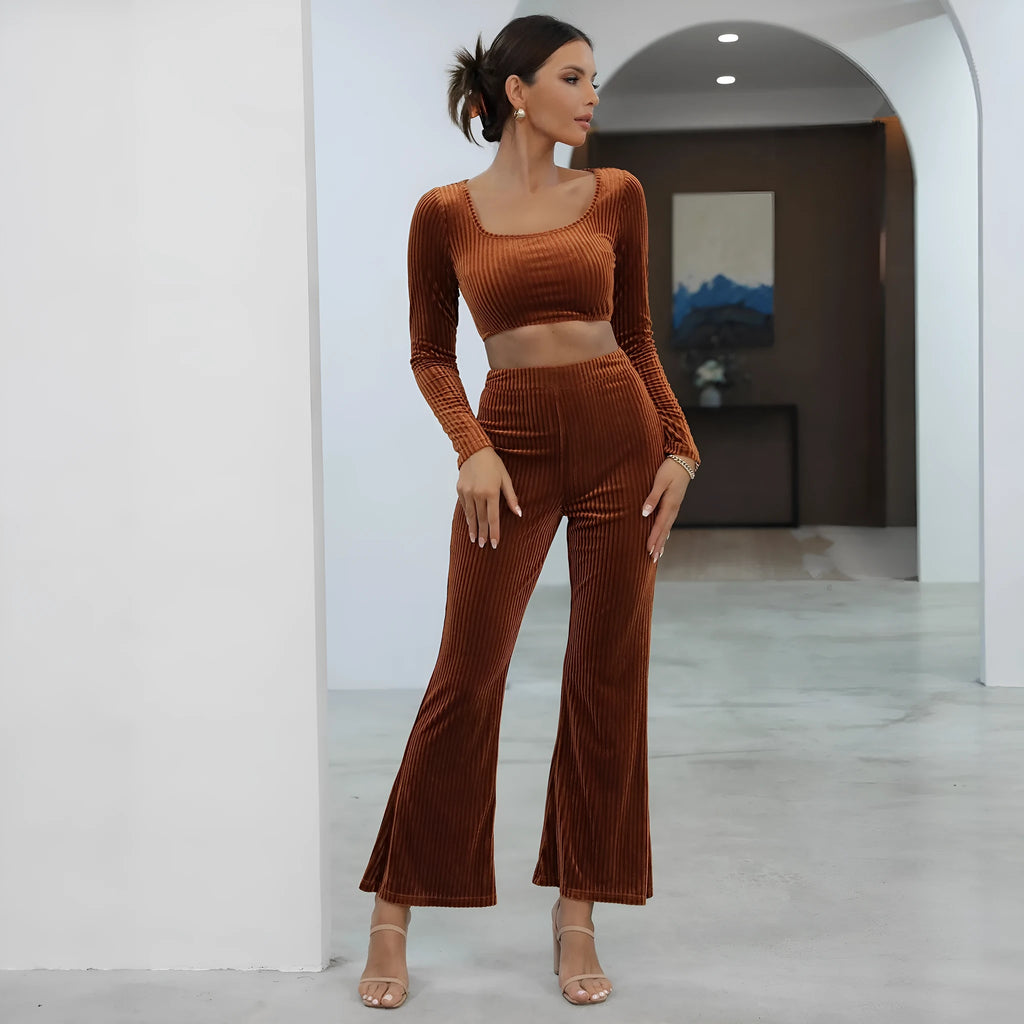 Caramel colour long sleeve sweater and trouser casual set laid flat