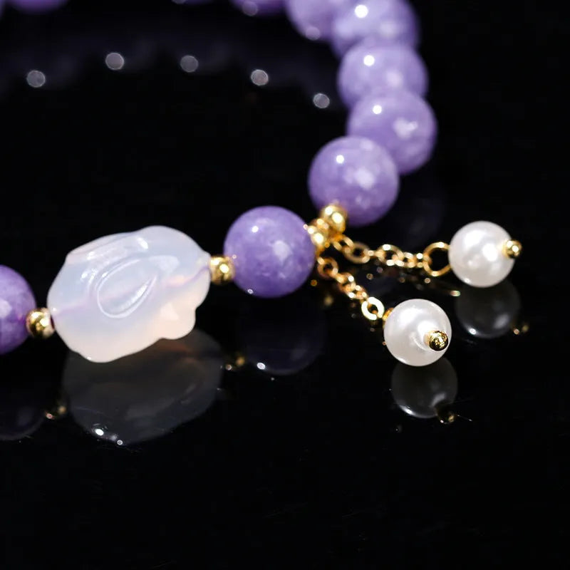 Purple aquamarine and agate geometric round bead bracelet with rabbit motif, handmade, sizes 6mm 8mm and 12x16mm